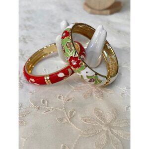 Vintage Bangle Bracelets Enamel White Red Flowers Gold Toned Two Bracelets